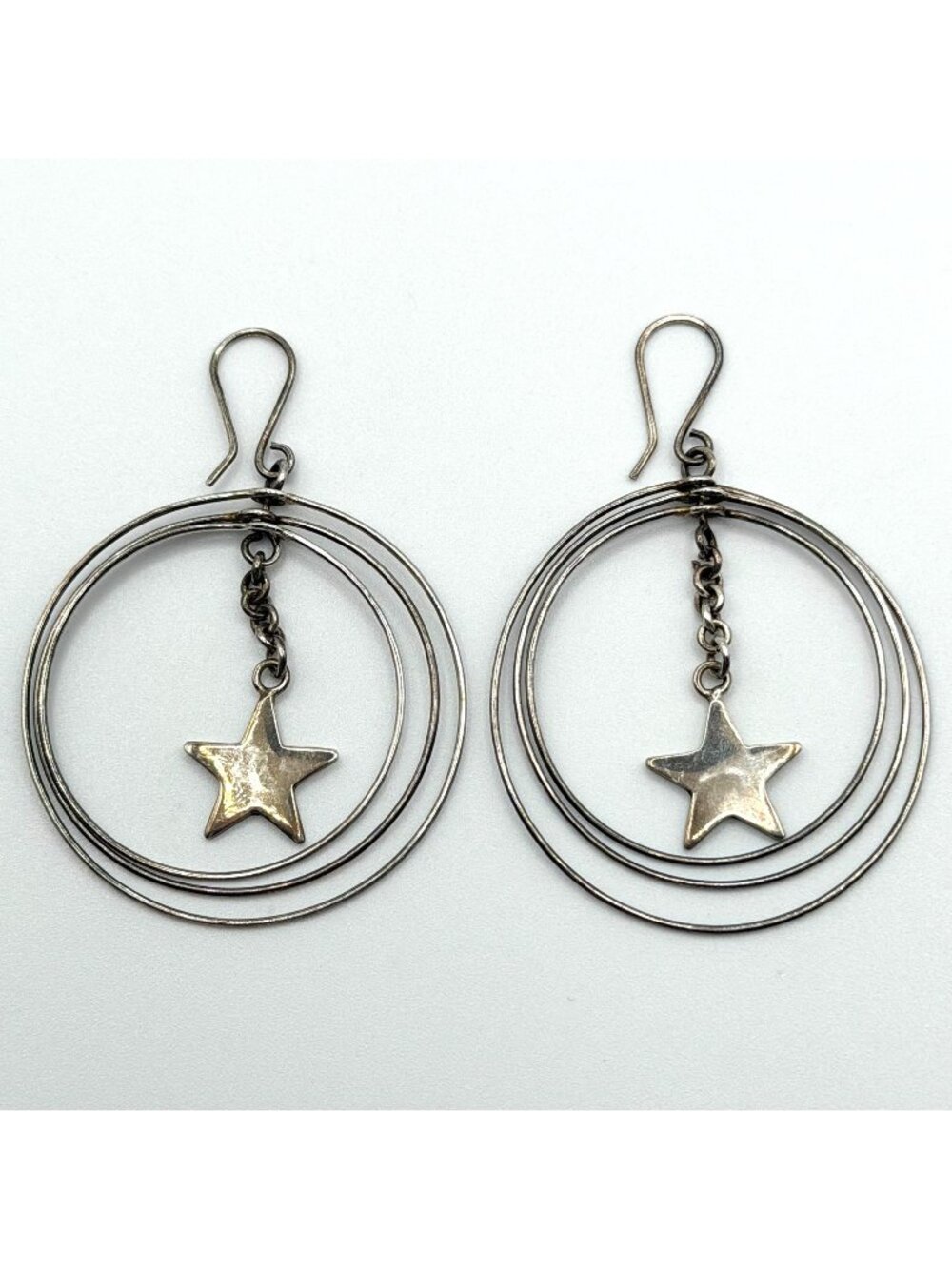 Sterling Silver 925 Star Dangle Hoop Earrings With Triple Circle Design
